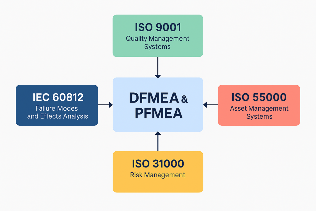 PFMEA and DFMEA standards alignment showing ISO 9001, ISO 55000, ISO 31000 and IEC 60812 integration for product lifecycle risk management